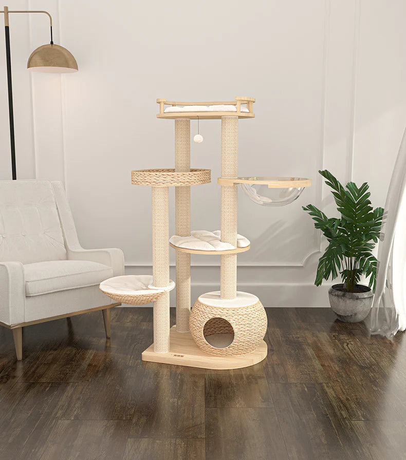 HONEYPOT TORA  CAT Rattan Solid Wood Cat Tree – Designer Cat Furniture 95cm-141cm