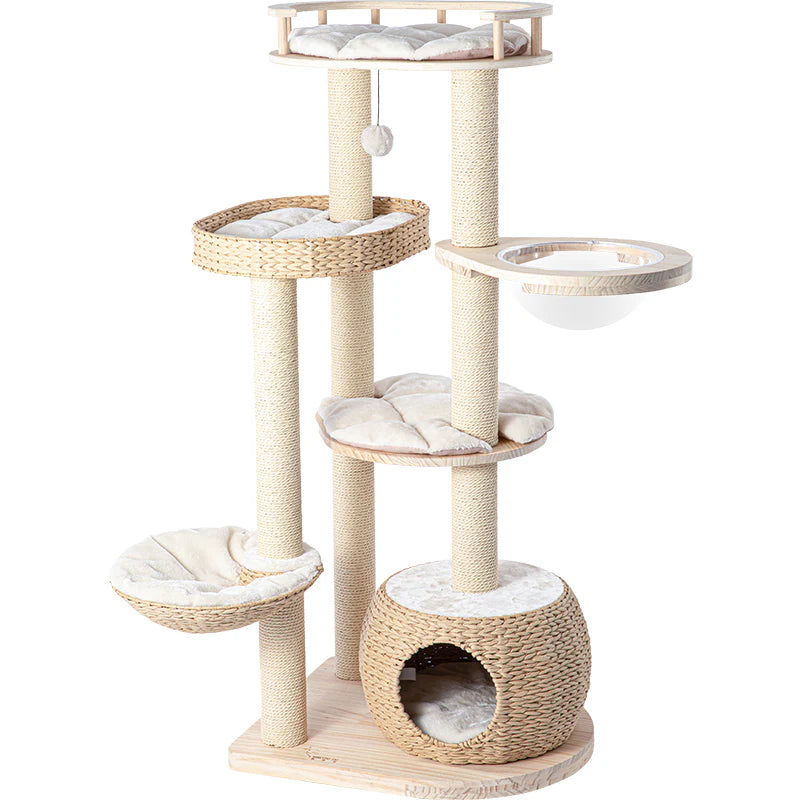 HONEYPOT TORA  CAT Rattan Solid Wood Cat Tree – Designer Cat Furniture 95cm-141cm