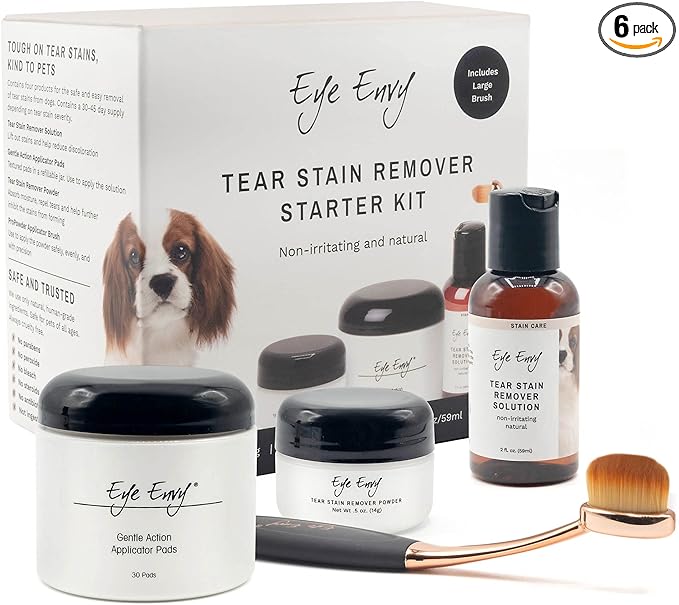 Eye Envy Dog Tear Stain Remover Starter Kit with ProPowder Brush | Stain Solution, Applicator Pads, Stain Powder and Applicator Brush | Lasts 30-45 Days - kikiandpuppies