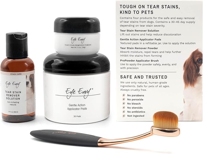 Eye Envy Dog Tear Stain Remover Starter Kit with ProPowder Brush | Stain Solution, Applicator Pads, Stain Powder and Applicator Brush | Lasts 30-45 Days - kikiandpuppies
