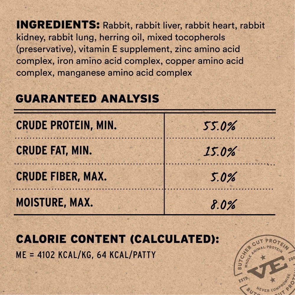 VE - Frozen Rabbit Entree Mini Patties Dog Food 396g - kikiandpuppies