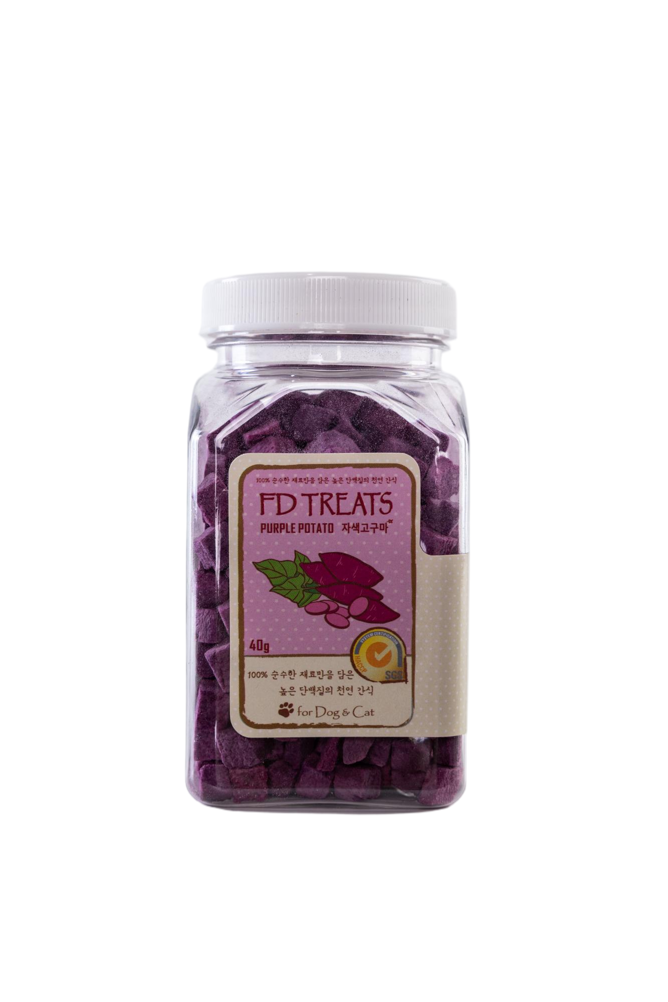 FD TREATS Purple Blood Chews, containing dark purple chewable tablets, with a white lid and a pinkish label, set against a plain white background.