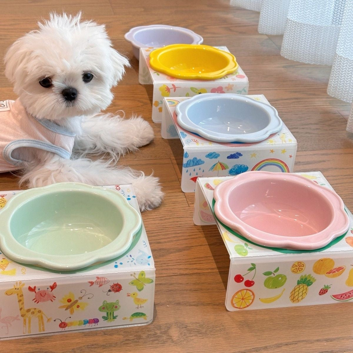 Pet Ceramic Cat Dog Bowls Set With Tray