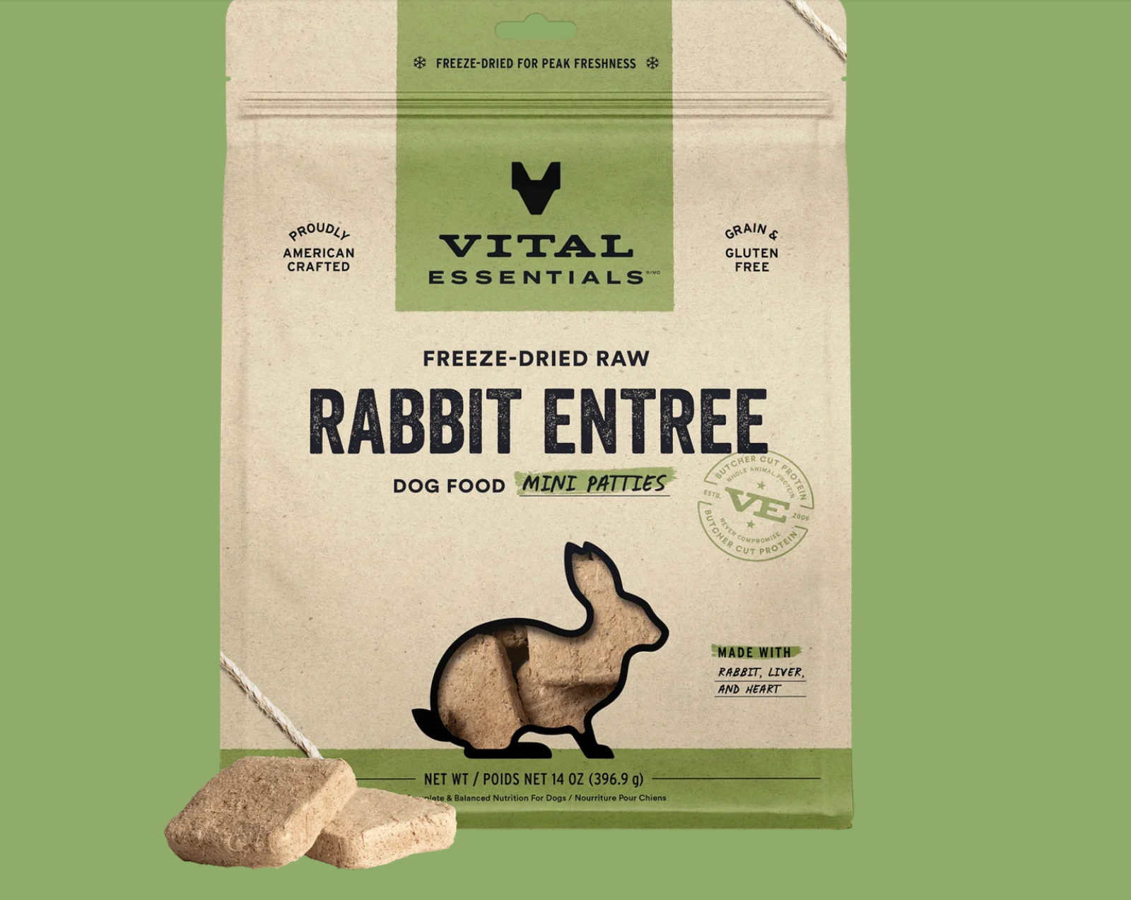 VE - Frozen Rabbit Entree Mini Patties Dog Food 396g - kikiandpuppies
