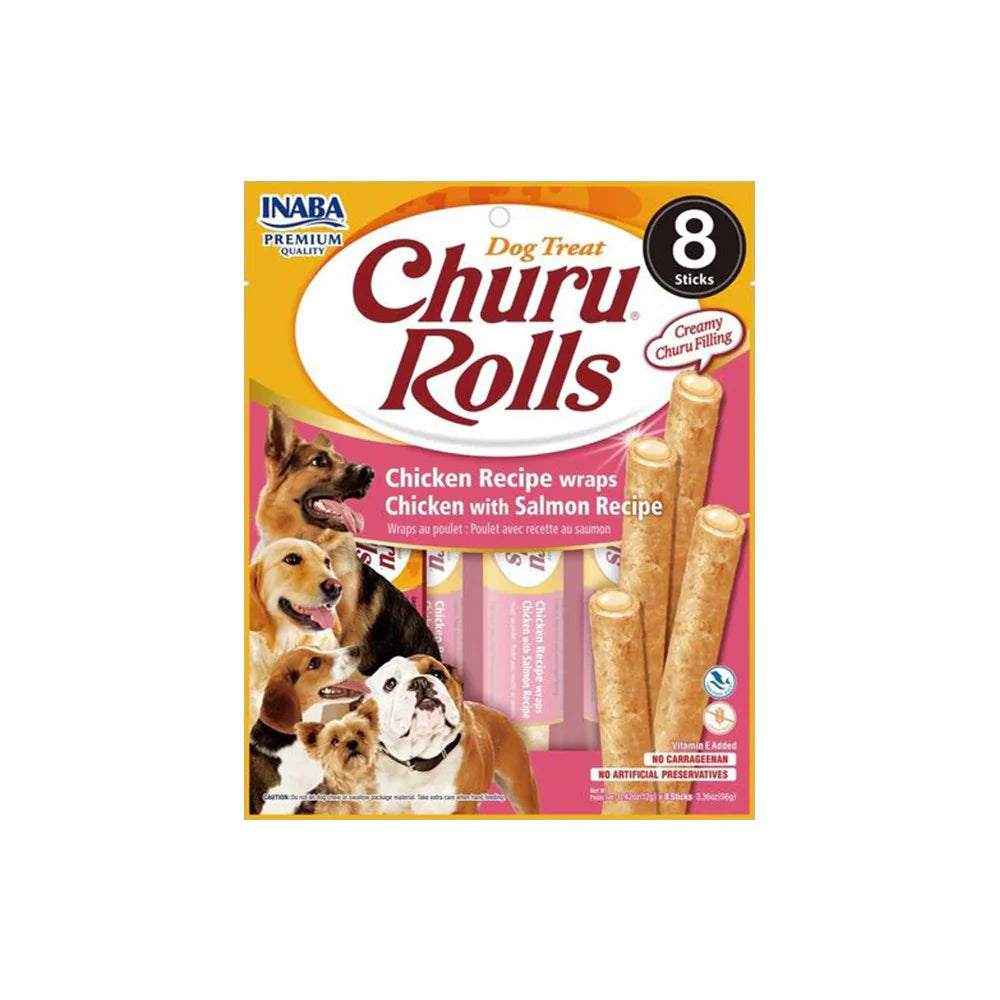 INABA Churu Rolls Chicken with Salmon Recipe Chicken Wraps Dog Treats 8x12g - kikiandpuppies