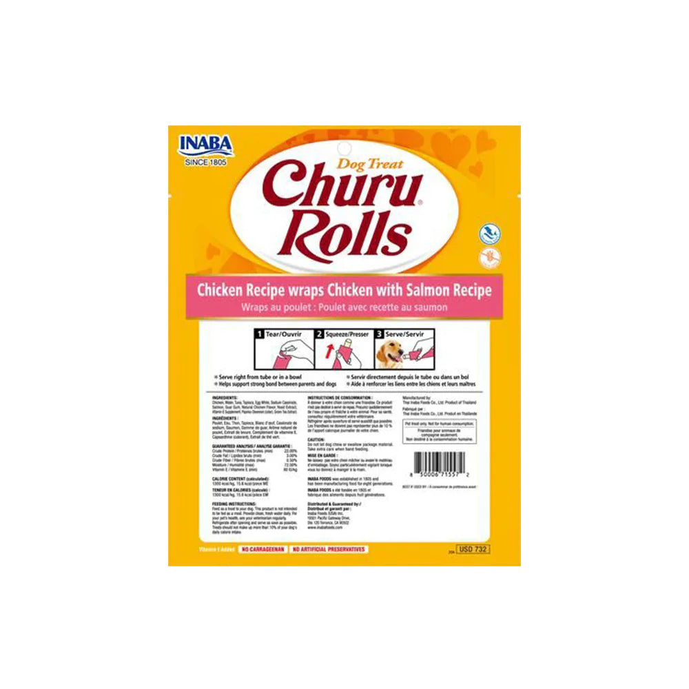 INABA Churu Rolls Chicken with Salmon Recipe Chicken Wraps Dog Treats 8x12g - kikiandpuppies