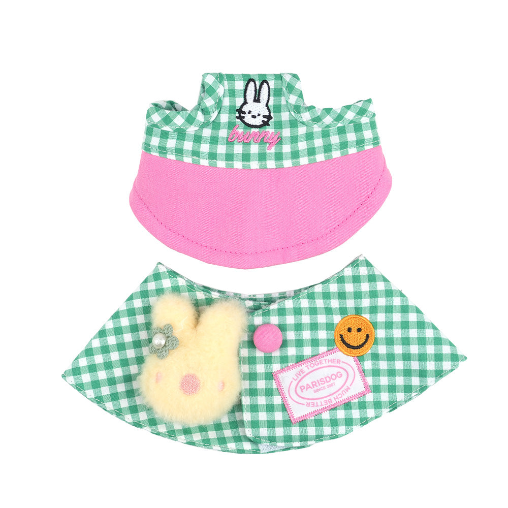 pet hat and cape with green checkered and pink designs